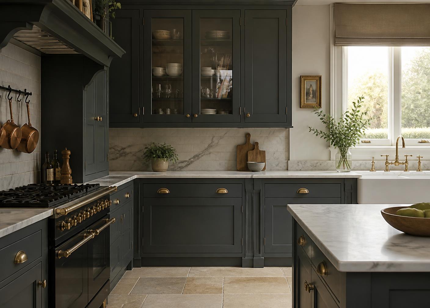 Dark green painted shaker kitchen with quartz worktop and brass cup handles