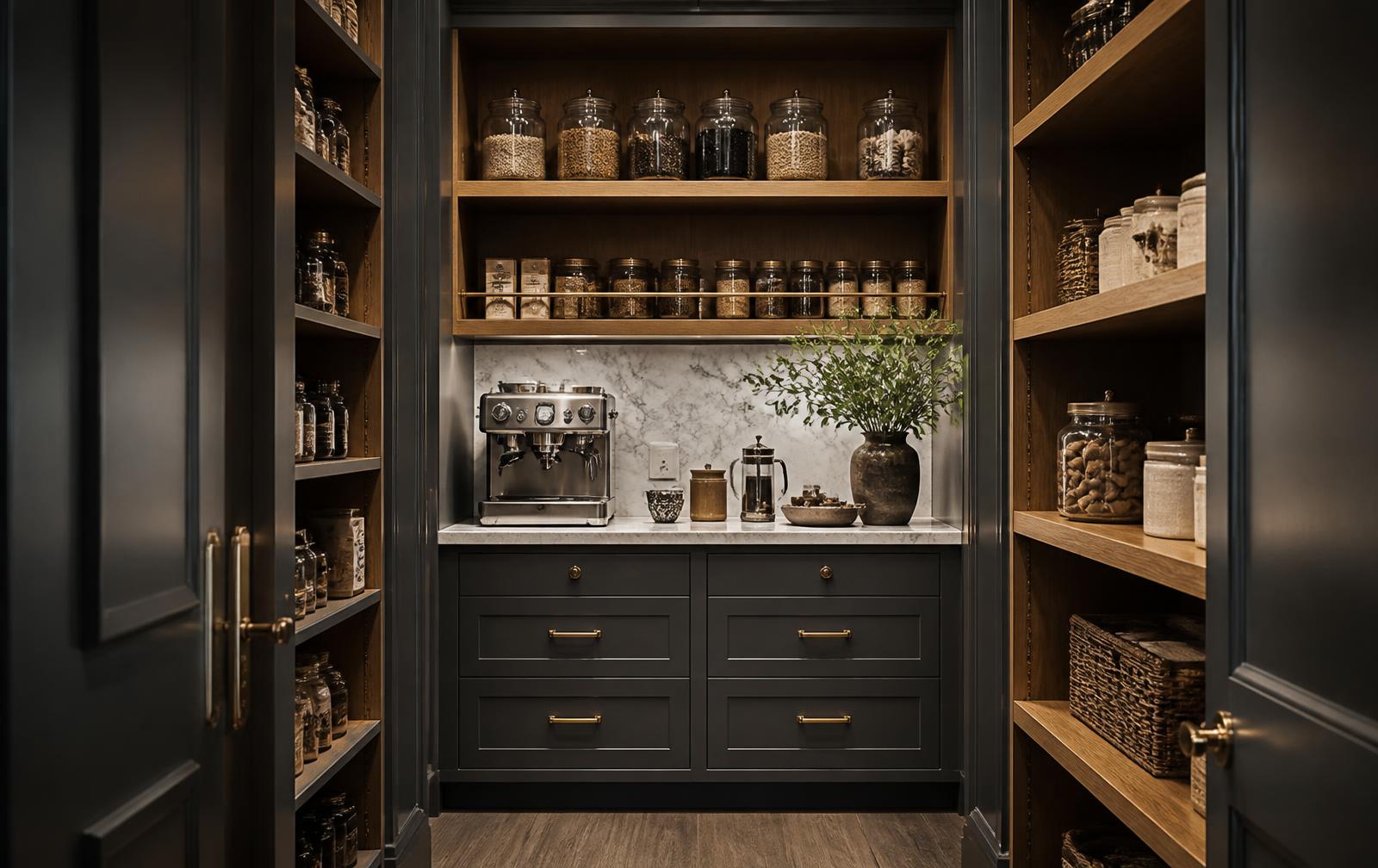 Walk-in pantry with dark in-frame cabinetry, oak shelving and a quartz coffee station