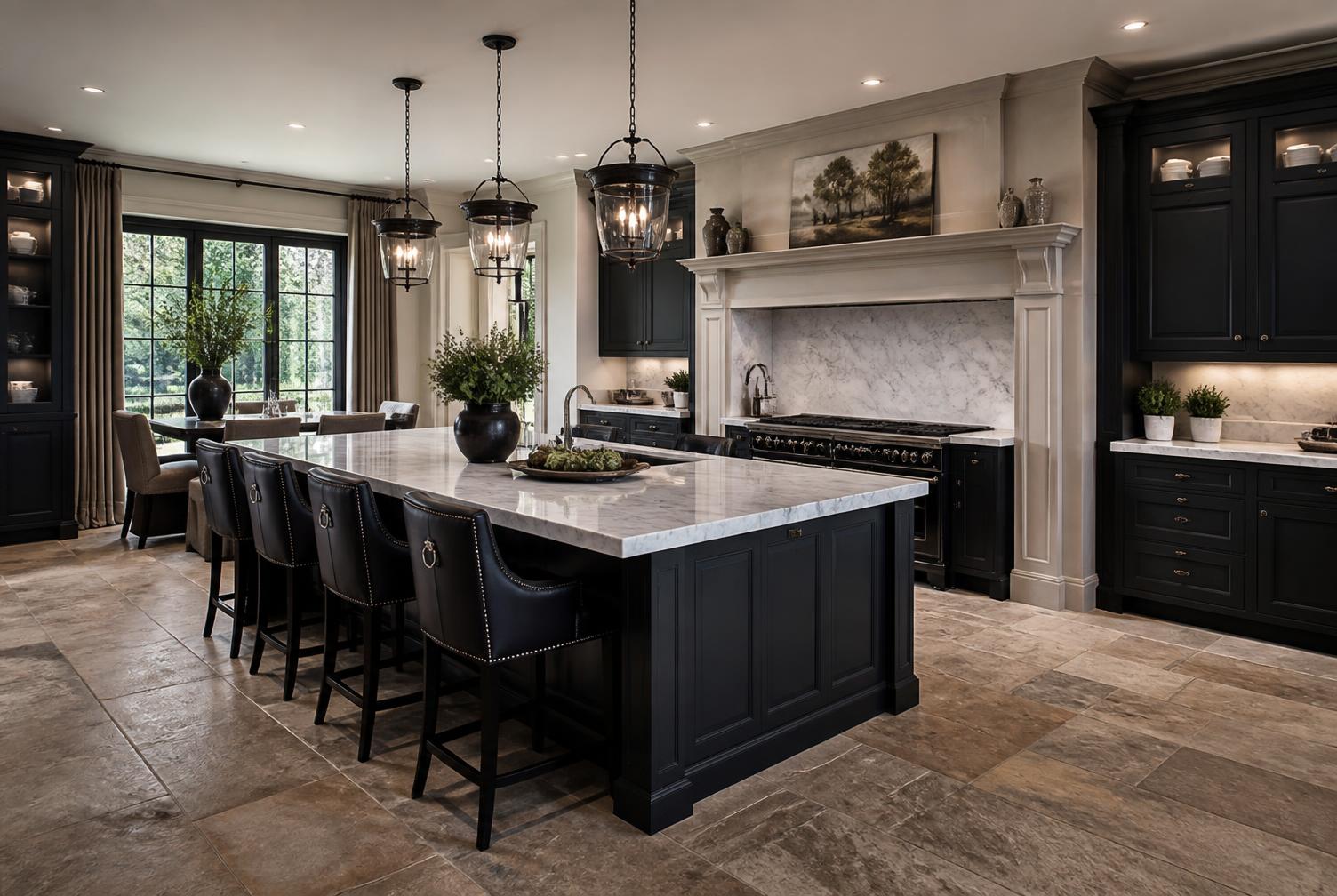 Classic black kitchen with stone island and stone cooker surround