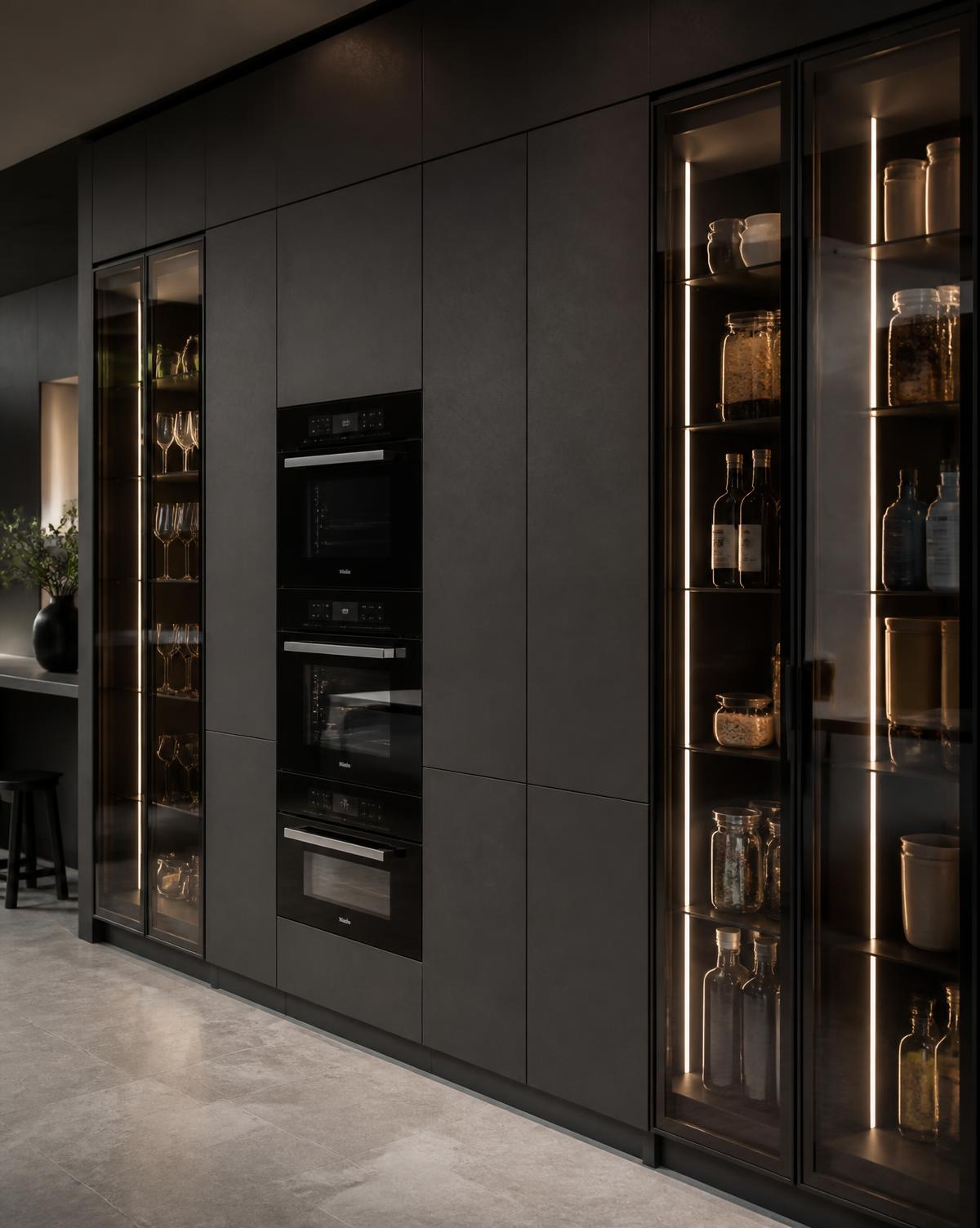 Tall handleless graphite cabinetry with integrated ovens and lit larder