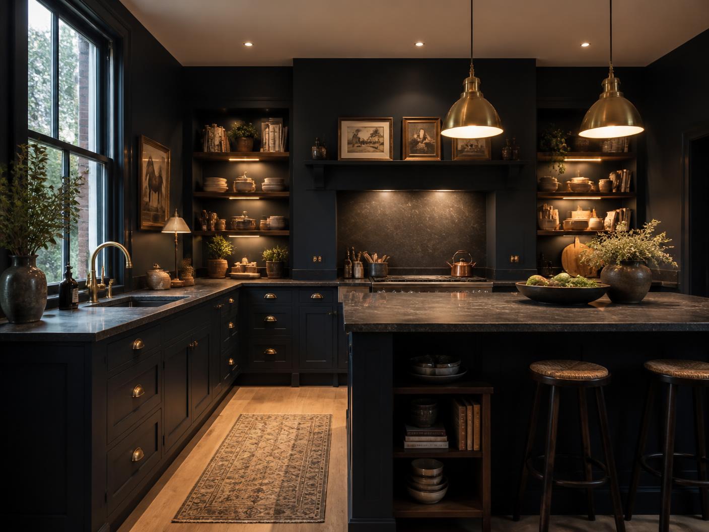Dark in-frame kitchen with brass pendants and stone island