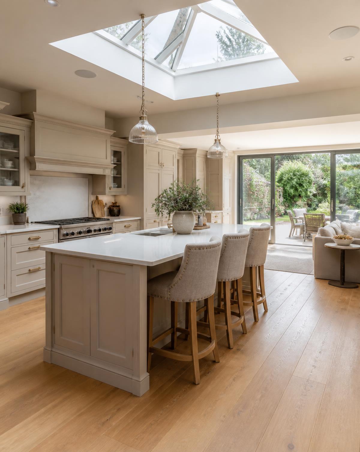 Painted shaker kitchen open to a garden room in a Cheadle Hulme house