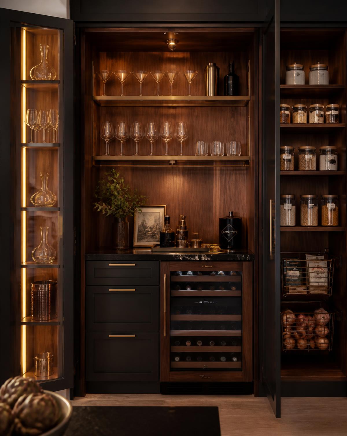 Bespoke pantry cabinetry and drinks station with timber interiors