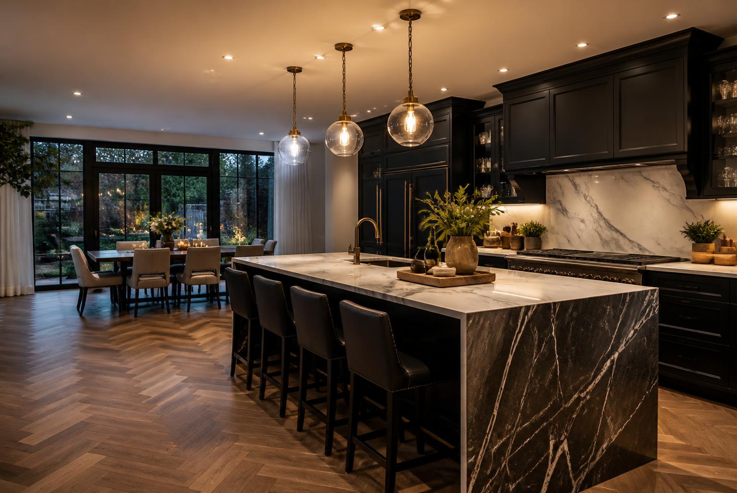 Dark kitchen with a stone island and pendant lighting open to a dining area