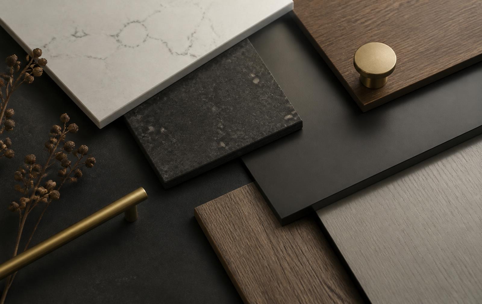 Worktop and cabinetry samples in quartz, timber and painted finishes